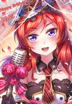  1girl :d blush cafe_maid character_name happy happy_birthday love_live!_school_idol_project miazi microphone microphone_stand musical_note nishikino_maki open_mouth petals redhead short_hair smile solo treble_clef violet_eyes 