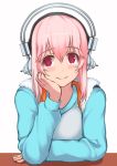  1girl breasts chin_rest deni_m hand_on_own_chin headphones large_breasts long_hair looking_at_viewer nitroplus pink_hair red_eyes smile solo super_sonico 