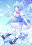  1girl alternate_costume bad_id blue_dress blue_eyes blue_hair bow cirno dress fairy_wings hair_bow highres huanghyy ice ice_wings open_mouth puffy_sleeves short_hair solo touhou wings 