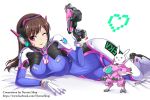  1girl ;p bodysuit breasts brown_eyes brown_hair d.va_(overwatch) facial_mark headphones long_hair looking_at_viewer meka_(overwatch) one_eye_closed overwatch pilot_suit rabbit solo the-sinner tongue tongue_out whisker_markings 