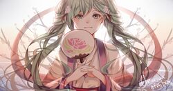  1girl 2016 ameriya artist_name chuushuu_meigetsu_miku fan green_eyes green_hair highres looking_at_viewer pink_flower pink_scarf scarf smile solo vocaloid 