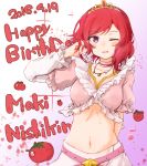  1girl ;d araco birthday character_name crop_top english happy_birthday looking_at_viewer love_live!_school_idol_project midriff music_s.t.a.r.t!! navel nishikino_maki one_eye_closed open_mouth redhead short_hair smile solo tomato violet_eyes 