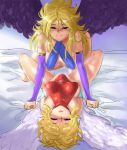  2girls angel_wings bed blonde_hair blush breath_of_fire breath_of_fire_ii colored crossover d1975 hairband leotard multiple_girls nina_(breath_of_fire_ii) nina_(breath_of_fire_iii) short_hair thigh-highs white_wings wings yuri 