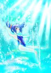  1girl blue_hair competition_swimsuit freediving highres kurimuzon one-piece_swimsuit original red_eyes short_hair solo swimsuit twintails underwater 