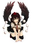  1girl absurdres all_fours black_hair black_legwear black_skirt black_wings blood blood_from_mouth blood_on_face cat_mask collared_shirt commentary_request frilled_skirt frills full_body hat highres kyogoku-uru looking_at_viewer nail_polish pom_pom_(clothes) red_eyes red_nails red_ribbon ribbon shameimaru_aya shirt short_hair short_sleeves skirt smile solo thigh-highs tokin_hat touhou white_background white_shirt wings 