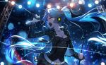  1girl bai_yemeng belt breasts cleavage corsage hatsune_miku headphones jacket long_hair long_sleeves microphone microphone_stand open_clothes open_jacket singing solo stage_lights twintails very_long_hair vocaloid 