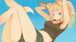  1girl animal_ears armpits arms_up batta_(kanzume_quality) blonde_hair blue_background blue_eyes breasts fox_ears fox_tail long_hair looking_at_viewer midriff navel original shorts simple_background smile solo tail 