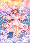  1girl alternate_wings angel_wings blue_eyes blue_sky bow brown_hair capelet clouds dated dress hat lily_white long_hair marker_(medium) mosho multiple_wings open_mouth petals signature sky smile solo touhou traditional_media very_long_hair watercolor_(medium) white_dress wide_sleeves wings 