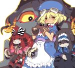  3girls apron bag blonde_hair blue_hat bow cape crossover curly_hair dango_mushi dress fang garie_tuman gloves goggles goggles_on_head hat leiur_darahim long_hair marivel_armitage micha_jawkan multiple_girls pointy_ears red_eyes ribbon senki_zesshou_symphogear smile wild_arms wild_arms_2 