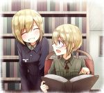  2girls blonde_hair blue_eyes book closed_eyes erica_hartmann glasses grin liar_lawyer military military_uniform multiple_girls open_mouth ribbon short_hair siblings sisters smile strike_witches twins uniform ursula_hartmann 