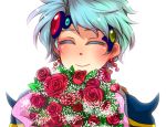  1boy blue_hair blush bouquet ceodore_harvey closed_eyes earrings final_fantasy final_fantasy_iv final_fantasy_iv_the_after flower himuro_(harusame_zensen) jewelry leaf portrait rose simple_background solo white_background 
