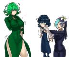  3girls aqua_hair black_dress black_hair blood blue_eyes breast_hold breast_size_switch breasts covered_navel dress ear_studs earrings flower formal fubuki_(one-punch_man) fur_jacket green_eyes green_hair hair_flower hair_ornament hairclip heart jewelry large_breasts lifting_person long_hair multicolored_hair multiple_girls necklace nosebleed one-punch_man ponytail role_reversal sansetsukon_no_lily short_hair siblings side_slit sisters tatsumaki the_golden_smurf two-tone_hair 