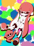  1girl bike_shorts buki56 domino_mask highres inkling limited_palette long_hair mask multicolored_background paint_splatter pointy_ears red_eyes redhead shirt shoes smile sneakers splatoon squid t-shirt tentacle_hair 