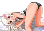  1girl aikawa_ryou ass blonde_hair blush flower grey_eyes hair_flower hair_ornament kantai_collection long_sleeves looking_at_viewer open_mouth ro-500_(kantai_collection) school_swimsuit silver_hair smile solo swimsuit tan tanline top-down_bottom-up 