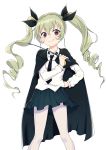  1girl anchovy brown_eyes cape deca_purio drill_hair girls_und_panzer green_hair hair_ribbon highres long_hair pantyhose ribbon riding_crop school_uniform smile solo twin_drills twintails uniform 