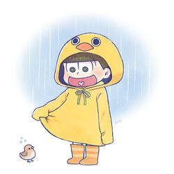  1boy :d animal_hood ayu_(mog) bird boots brown_eyes brown_hair duck_hood flying_sweatdrops heart heart_in_mouth hood male_focus matsuno_juushimatsu open_mouth osomatsu-kun osomatsu-san rain raincoat smile 