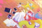  1girl animal_ears bare_shoulders blonde_hair fox_ears fox_tail glasses gradient_eyes gradient_hair highres japanese_clothes long_hair looking_at_viewer miko_(no_game_no_life) multicolored_eyes multicolored_hair multiple_tails no_game_no_life orange_eyes solo tail tangjinhang very_long_hair whiskers yellow_eyes 