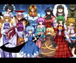  1boy 6+girls :d =_= abs arm_rest arm_warmers armband ascot aura bangs biting black_hair black_shirt black_skirt black_wings blonde_hair blouse blue_background blue_dress blue_eyes blue_hair blue_shirt bow breasts brown_dress brown_shirt chibi cirno collarbone collared_shirt crossed_arms detached_sleeves dress energy error expressionless eyes_visible_through_hair fan feathered_wings flame_print floral_print flower folding_fan fox_tail frilled_dress frilled_sleeves frills gap glaring gradient gradient_background green_eyes green_hair grin hair_between_eyes hair_bow hair_flower hair_ornament hairband hakama_pants hand_up hands_on_hips hands_together hat heart height_difference highres hip_vent horn hoshiguma_yuugi ice ice_wings imagining kazami_yuuka komeiji_satori kurodani_yamame large_breasts leaf_print legs leotard long_hair long_skirt long_sleeves looking_at_viewer mizuhashi_parsee multiple_girls multiple_tails muscle muscular_female neck nontraditional_miko open_mouth pink_background pink_skirt plaid plaid_skirt plaid_vest pointy_ears ponytail puffy_long_sleeves puffy_short_sleeves puffy_sleeves purple_hair red_eyes red_skirt red_vest ribbon ribbon-trimmed_clothes ribbon-trimmed_collar ribbon-trimmed_sleeves ribbon_trim sakazuki scar scarf sendai_hakurei_no_miko shaded_face shameimaru_aya shirt short_hair short_sleeves skirt skirt_set sleeveless sleeveless_dress smile smirk standing tabard tail third_eye thumb_biting tokin_hat touhou turtleneck very_long_hair violet_eyes white_background white_dress white_shirt wide_sleeves wings yagami_(mukage) yakumo_ran yakumo_yukari yellow_eyes yin_yang 