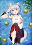  1girl afloat animal_ears bubble detached_sleeves food fruit highres inubashiri_momiji long_sleeves looking_up no_hat open_mouth orange pom_pom_(clothes) red_eyes sandals sayama_(chiwan0830) shirt short_hair silver_hair skirt socks solo sparkle tail touhou turtleneck water white_legwear wide_sleeves wolf_ears wolf_tail 