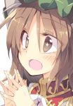  1girl bangs bow brown_eyes brown_hair chen close-up collar commentary_request hair_between_eyes hands_together hat open_mouth portrait satou_kibi solo star star-shaped_pupils symbol-shaped_pupils touhou 