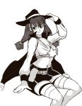  1girl absurdres ahoge breasts brown_hair cape cleavage daga greyscale hair_ornament hairband hat highres lilka_eleniak long_hair low-tied_long_hair monochrome older sidelocks skirt smile solo source_request thigh-highs twintails white_legwear wild_arms wild_arms_2 witch_hat 