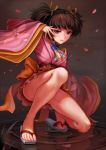  1girl absurdres brown_hair choker feet floral_print geta hair_ribbon highres japanese_clothes kimono koutetsujou_no_kabaneri long_sleeves looking_at_viewer mumei_(kabaneri) no_socks obi parted_lips red_eyes ribbon ribbon_choker sandals sash solo sonikey0_0 toes twintails wide_sleeves 