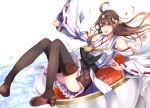  1girl ahoge bare_shoulders boots brown_hair brown_skirt bubble cup detached_sleeves double_bun frills hairband headgear japanese_clothes kantai_collection knees_together_feet_apart kongou_(kantai_collection) konkito long_hair looking_at_viewer nontraditional_miko open_mouth pleated_skirt ribbon-trimmed_sleeves ribbon_trim simple_background skirt solo tea teacup teeth thigh-highs thigh_boots violet_eyes water white_background 