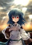  &gt;:( 1girl angry blue_hair clouds cloudy_sky detached_sleeves determined highres hinanawi_tenshi judo_fuu long_sleeves looking_at_viewer no_hat red_eyes serious shirt skirt sky solo touhou upper_body wide_sleeves 