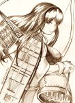  1girl akagi_(kantai_collection) arrow bow_(weapon) brown_eyes brown_hair flight_deck japanese_clothes kamizono_(spookyhouse) kantai_collection long_hair machine machinery mast mecha monochrome muneate nontraditional_miko quiver smile solo tasuki turret twitter_username weapon yugake 