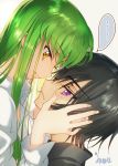  1boy 1girl black_hair c.c. code_geass creayus eye_contact face-to-face frown green_hair hand_on_another&#039;s_face lelouch_lamperouge long_hair looking_at_another nervous shirt short_hair side_view smile sweatdrop translated violet_eyes yellow_eyes 