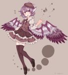  /\/\/\ 1girl beret bird_wings blouse blush egret full_body hat hat_with_ears head_wings highres juliet_sleeves long_sleeves looking_at_viewer musical_note mystia_lorelei neck_ribbon open_mouth puffy_sleeves purple_hair quaver ribbed_legwear ribbon shoes short_hair skirt smile solo thigh-highs touhou vest violet_eyes wings zettai_ryouiki 