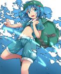  1girl backpack bag bangs belt blue_eyes blue_hair eyebrows groin hair_bobbles hair_ornament hat kawashiro_nitori looking_at_viewer midriff navel one_leg_raised open_mouth pocket short_sleeves shorts solo standing_on_one_leg touhou two_side_up uumaru1869 water wrench 