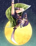  1boy :o adjusting_clothes adjusting_hat aiguillette armor bad_proportions cape etcelebi falling full_moon green_eyes grey_legwear hair_over_one_eye hat holding holding_sword holding_weapon hotarumaru japanese_armor kneehighs long_sleeves looking_at_viewer male_focus moon night night_sky one_eye_covered open_mouth outstretched_arm peaked_cap purple_legwear red_ribbon ribbon sheath shoulder_pads sky solo star_(sky) starry_sky sword touken_ranbu uniform unsheathed upside-down weapon white_hair 