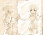  1girl artist_request beige dress enomoto_saki from_behind katawa_shoujo long_hair looking_at_another mirror monochrome outstretched_arm reflection school_uniform sepia short_sleeves smile solo tears visible_ears what_if 