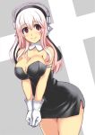  1girl bare_shoulders blush breasts cleavage deni_m detached_collar dress gloves habit headphones large_breasts long_hair looking_at_viewer nitroplus pink_hair smile solo super_sonico v_arms white_gloves 
