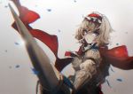  1girl :o alice_margatroid armor bangs blonde_hair blue_eyes blurry breastplate depth_of_field gauntlets hairband jpeg_artifacts lance looking_at_viewer no-kan polearm short_hair solo touhou upper_body weapon 