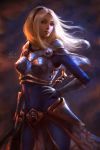  1girl armor artist_name backlighting blonde_hair blue_eyes bracer breasts covered_navel cowboy_shot gloves hairband hand_on_hip highres league_of_legends lips long_hair looking_at_viewer looking_to_the_side luxanna_crownguard nose raikoart realistic signature solo 