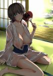  1girl aqua_eyes architecture brown_hair collarbone east_asian_architecture fan highres hot japanese_clothes justin_(sera_tony) parted_lips sitting solo sweat sweating sweating_profusely traditional_clothes wariza wet wet_clothes 