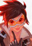  1girl :p brown_hair face goggles jacket nakanoart overwatch short_hair smile solo spiky_hair tongue tongue_out tracer_(overwatch) 