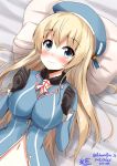  1girl aikawa_ryou atago_(kantai_collection) black_gloves blonde_hair blush breasts gloves hat kantai_collection large_breasts long_hair long_sleeves looking_at_viewer lying military military_uniform navel on_back out-of-frame_censoring pillow smile solo unbuttoned uniform upper_body very_long_hair 