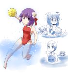  &gt;_&lt; ... 2girls :d ball bangs bell blunt_bangs character_name closed_eyes competition_swimsuit hair_bell hair_between_eyes hair_ornament hieda_no_akyuu kousei_(public_planet) motoori_kosuzu multiple_girls one-piece_swimsuit open_mouth purple_hair red_swimsuit simple_background smile spoken_ellipsis swimsuit swimsuit_pull touhou violet_eyes water water_polo xd 