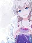  1girl anastasia_(idolmaster) blue_eyes collarbone cross fur_trim hair_between_eyes heart heart_hands hwansang idolmaster idolmaster_cinderella_girls jewelry looking_at_viewer necklace open_mouth short_hair silver_hair smile snowflakes solo watermark 