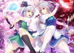  2girls bat black_legwear braid card cherry_blossoms dagger fighting green_eyes headdress hitodama holding izayoi_sakuya katana kneehighs konpaku_youmu konpaku_youmu_(ghost) loafers moon multiple_girls open_mouth playing_card red_eyes red_moon sen_kagura shoes short_hair silver_hair single_braid sparkle sword thigh-highs touhou weapon white_legwear wristband 