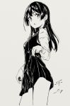  1girl black_hair greyscale highres hiwatari_rin long_hair looking_at_viewer monochrome open_mouth pleated_skirt school_uniform skirt skirt_hold solo traditional_media 