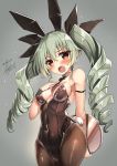  1girl akabane_(zebrasmise) anchovy animal_ears arm_behind_back bare_shoulders black_legwear blush breasts brown_eyes bunnysuit covered_navel curly_hair fake_animal_ears girls_und_panzer green_hair groin hand_on_own_chest leotard long_hair open_mouth pantyhose rabbit_ears ribbon solo tail tray twintails very_long_hair 