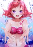  1girl :d air_bubble bikini breasts breath bubble cleavage collarbone earrings freediving highres holding_breath jewelry looking_at_viewer love_live!_school_idol_project mermaid_costume natsu_(natume0504) navel nishikino_maki open_mouth red_bikini redhead smile solo swimsuit underwater upper_body violet_eyes 