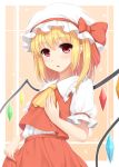 1girl :o ascot bangs blonde_hair center_frills eyebrows eyebrows_visible_through_hair flandre_scarlet hat hat_ribbon looking_at_viewer mob_cap pointy_ears puffy_short_sleeves puffy_sleeves red_eyes red_ribbon red_skirt ribbon shirt short_sleeves side_ponytail skirt skirt_set solo tokugawa_landine touhou vest white_shirt wings 