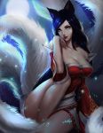  1girl ahri animal_ears black_hair breasts cleavage detached_sleeves fox_ears fox_tail korean_clothes large_breasts league_of_legends lipstick long_hair makeup mbguman multiple_tails red_lipstick solo tail very_long_hair yellow_eyes 
