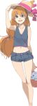  1girl :d akinbo_(hyouka_fuyou) blue_eyes collarbone denim denim_shorts hat highres houjou_hibiki hummy_(suite_precure) long_hair looking_at_viewer midriff navel open_mouth orange_hair precure short_shorts shorts simple_background smile straw_hat suite_precure teeth white_background 