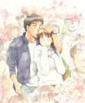  black_hair brown_hair cherry_blossoms couple hetero highres izumi_noa kidou_keisatsu_patlabor long_hair shinohara_asuma short_hair traditional_media ususionorisio watch watch watercolor_(medium) 